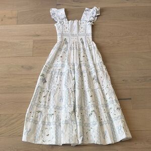 Hill House White Floral Smocked Maxi Dress with Blue and Green Accents